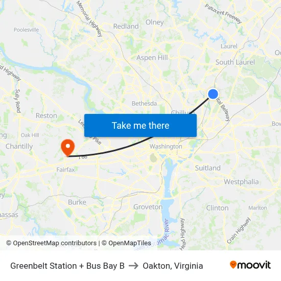 Greenbelt Station + Bus Bay B to Oakton, Virginia map