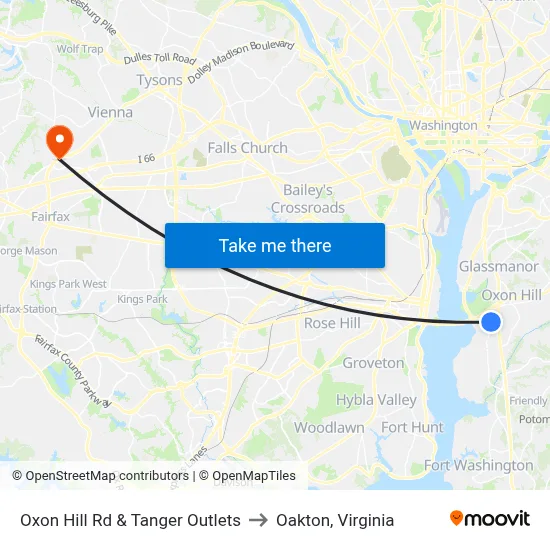 Oxon Hill Rd & Tanger Outlets to Oakton, Virginia map