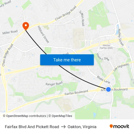 Fairfax Blvd And Pickett Road to Oakton, Virginia map