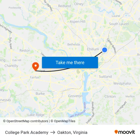 College Park Academy to Oakton, Virginia map
