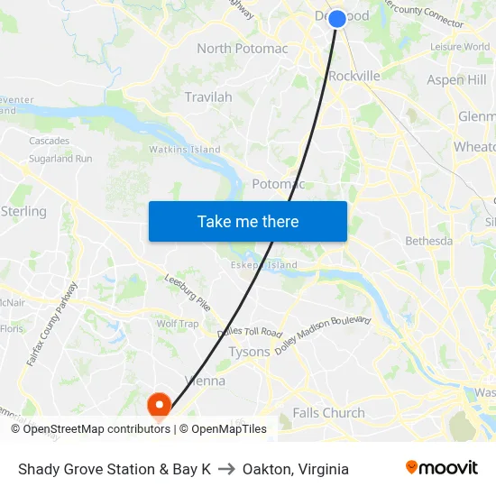 Shady Grove Station & Bay K to Oakton, Virginia map
