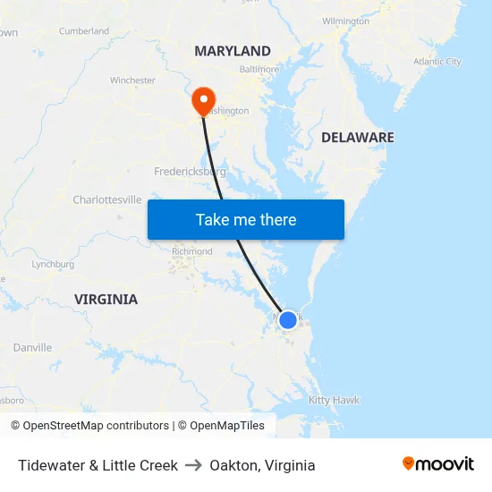 Tidewater & Little Creek to Oakton, Virginia map