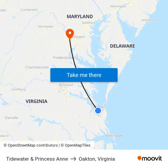 Tidewater & Princess Anne to Oakton, Virginia map