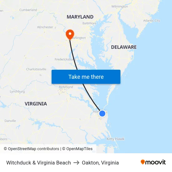Witchduck & Virginia Beach to Oakton, Virginia map