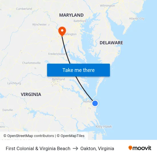 First Colonial & Virginia Beach to Oakton, Virginia map