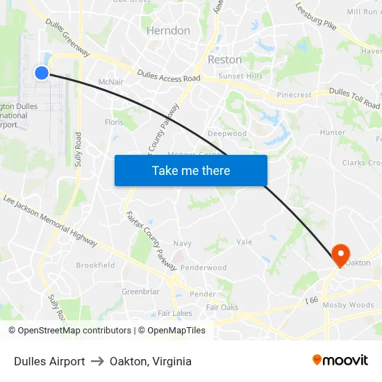 Dulles Airport to Oakton, Virginia map