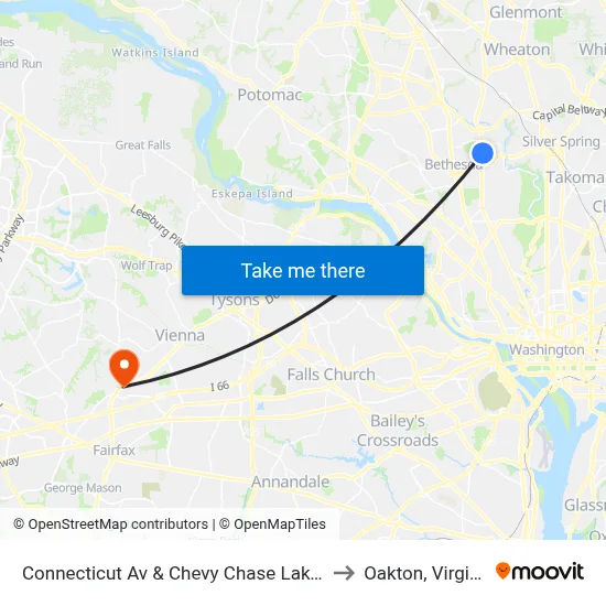 Connecticut Av & Chevy Chase Lake Dr to Oakton, Virginia map