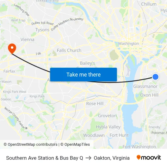 Southern Ave Station & Bus Bay Q to Oakton, Virginia map