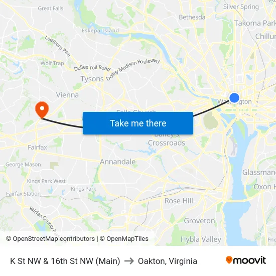 K St NW & 16th St NW (Main) to Oakton, Virginia map