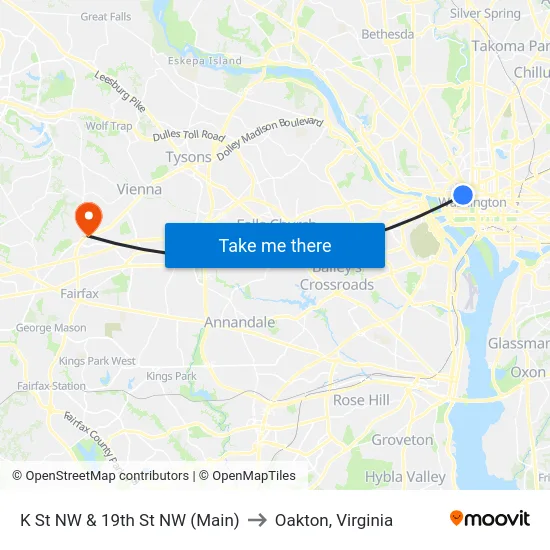 K St NW & 19th St NW (Main) to Oakton, Virginia map