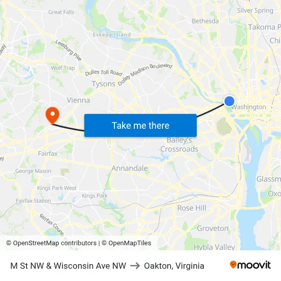 M St NW & Wisconsin Ave NW to Oakton, Virginia map