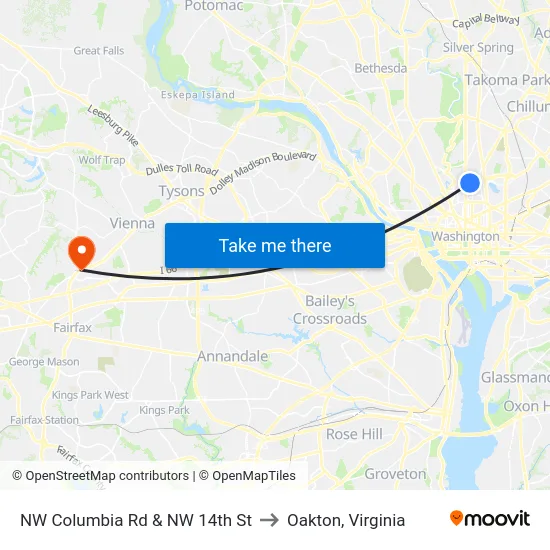 NW Columbia Rd & NW 14th St to Oakton, Virginia map