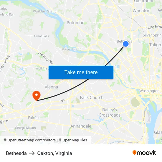 Bethesda to Oakton, Virginia map