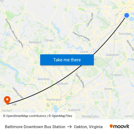 Baltimore Downtown Bus Station to Oakton, Virginia map