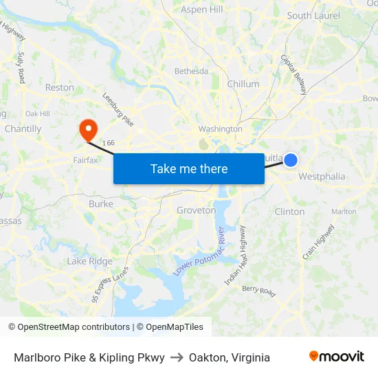 Marlboro Pike & Kipling Pkwy to Oakton, Virginia map