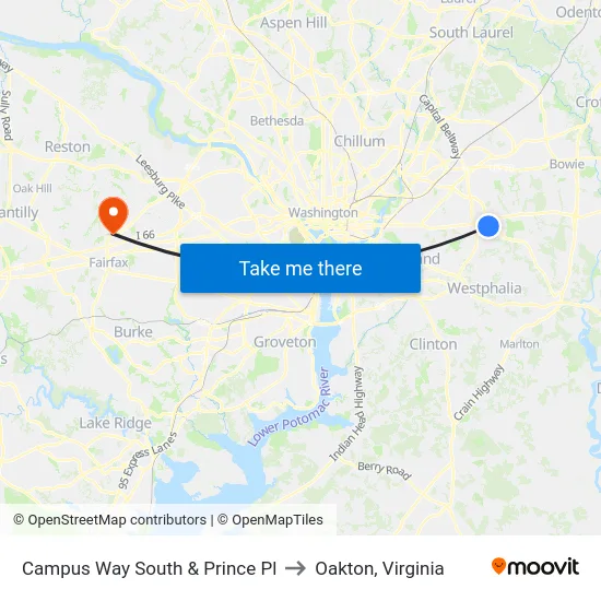 Campus Way South & Prince Pl to Oakton, Virginia map