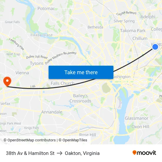 38th Av & Hamilton St to Oakton, Virginia map