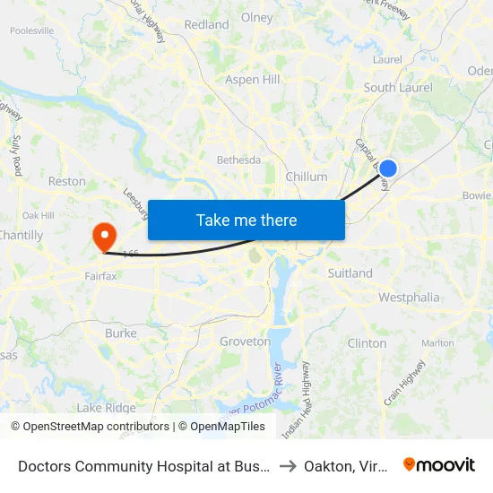 Doctors Community Hospital at Bus Shelter to Oakton, Virginia map