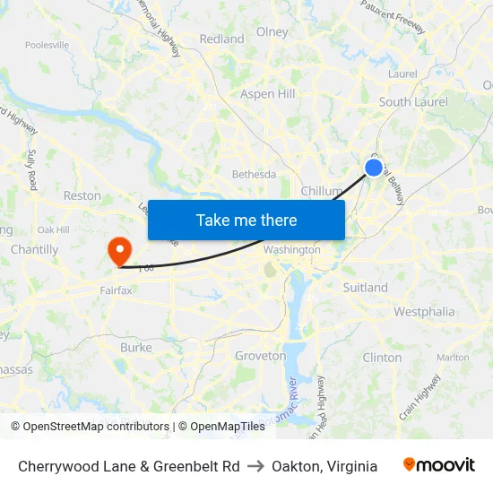 Cherrywood Lane & Greenbelt Rd to Oakton, Virginia map