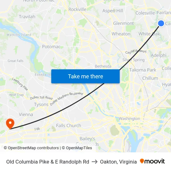 Old Columbia Pike & E Randolph Rd to Oakton, Virginia map