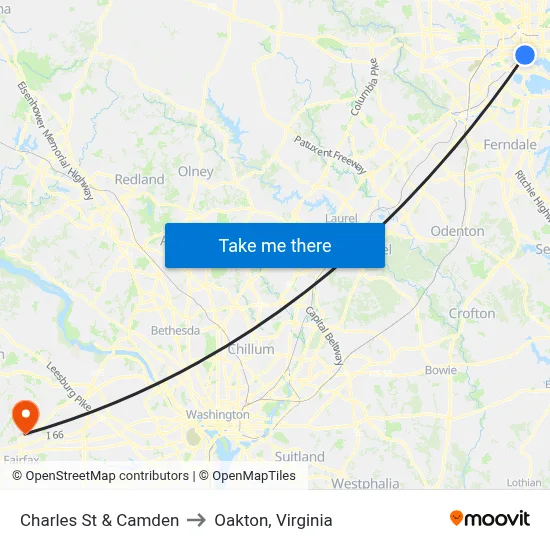 Charles St & Camden to Oakton, Virginia map