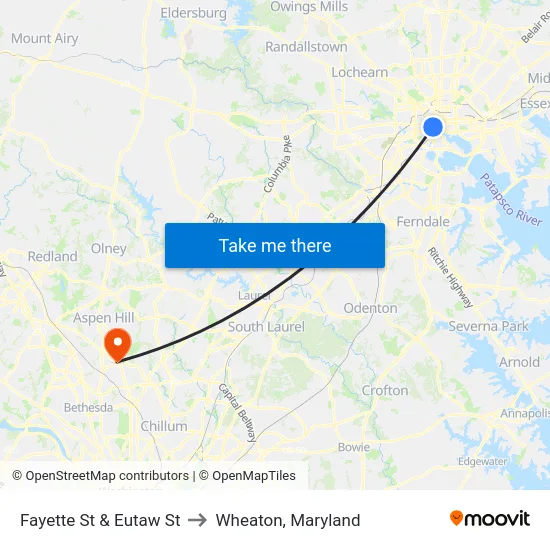 Fayette St & Eutaw St to Wheaton, Maryland map