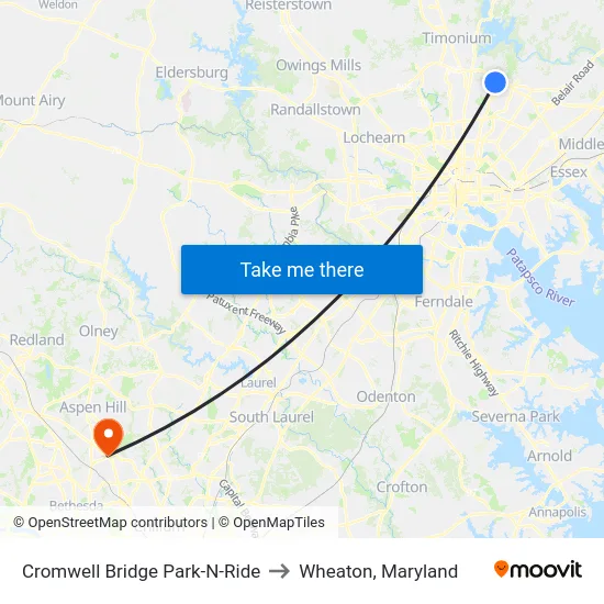 Cromwell Bridge Park-N-Ride to Wheaton, Maryland map