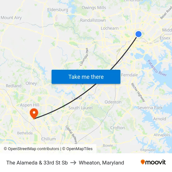 The Alameda & 33rd St Sb to Wheaton, Maryland map