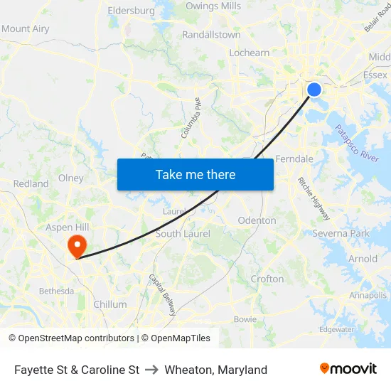 Fayette St & Caroline St to Wheaton, Maryland map