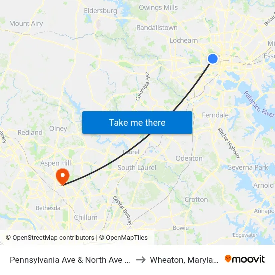 Pennsylvania Ave & North Ave Nb to Wheaton, Maryland map