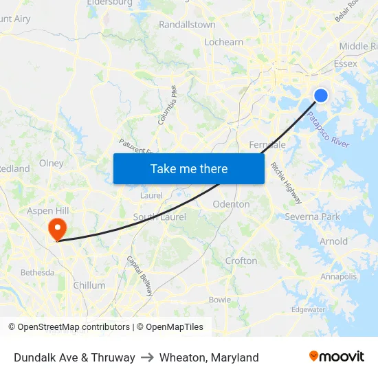 Dundalk Ave & Thruway to Wheaton, Maryland map