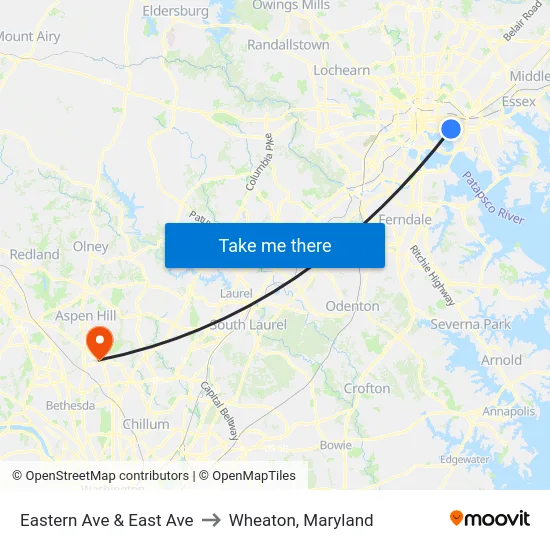 Eastern Ave & East Ave to Wheaton, Maryland map