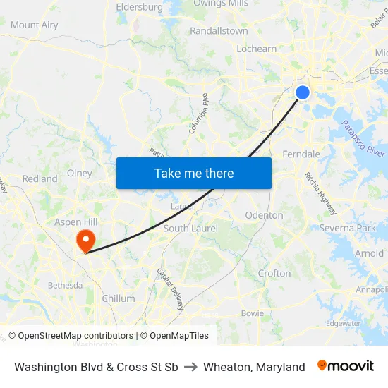Washington Blvd & Cross St Sb to Wheaton, Maryland map