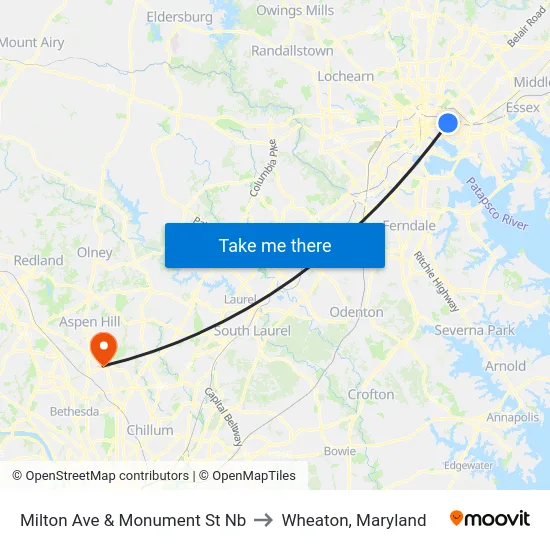 Milton Ave & Monument St Nb to Wheaton, Maryland map