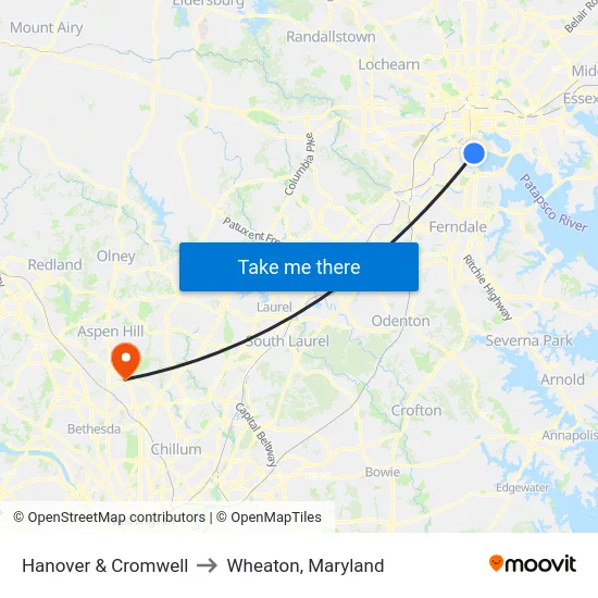 Hanover & Cromwell to Wheaton, Maryland map