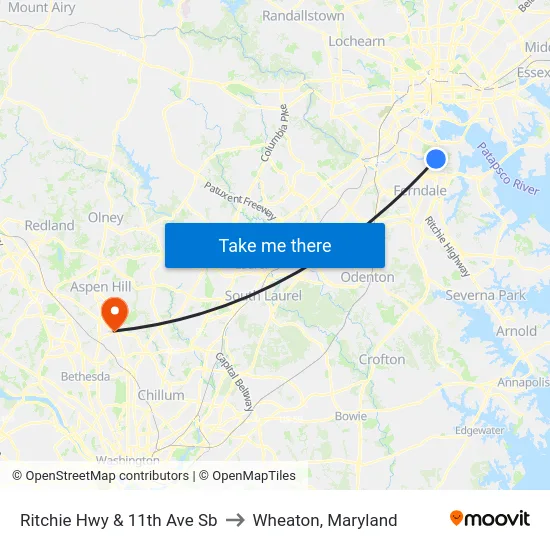 Ritchie Hwy & 11th Ave Sb to Wheaton, Maryland map