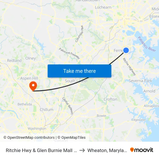 Ritchie Hwy & Glen Burnie Mall Nb to Wheaton, Maryland map