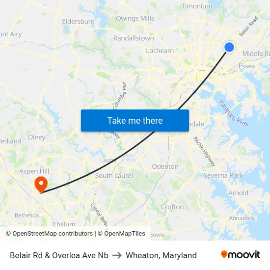 Belair Rd & Overlea Ave Nb to Wheaton, Maryland map