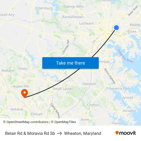 Belair Rd & Moravia Rd Sb to Wheaton, Maryland map