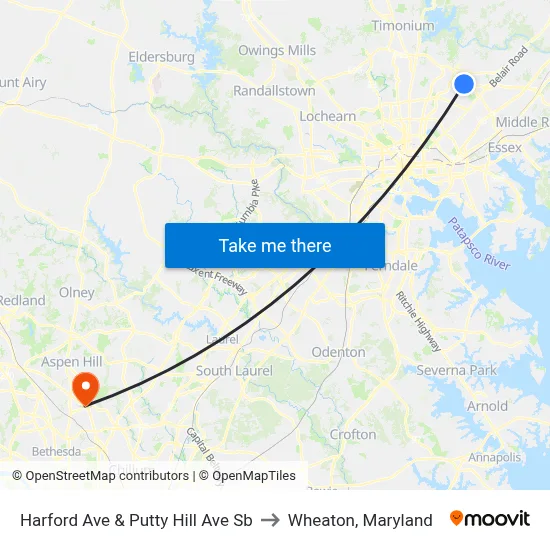 Harford Ave & Putty Hill Ave Sb to Wheaton, Maryland map