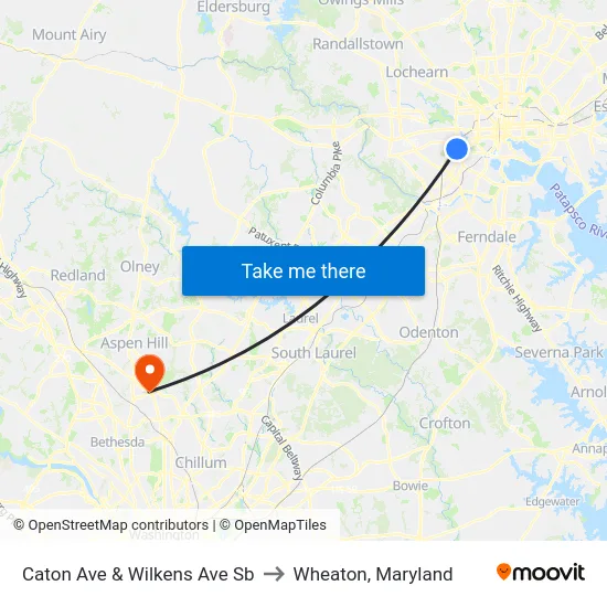 Caton Ave & Wilkens Ave Sb to Wheaton, Maryland map