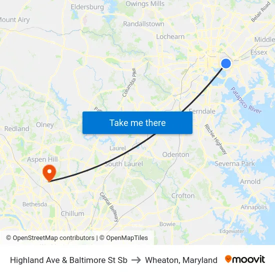 Highland Ave & Baltimore St Sb to Wheaton, Maryland map
