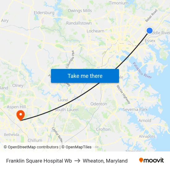 Franklin Square Hospital Wb to Wheaton, Maryland map