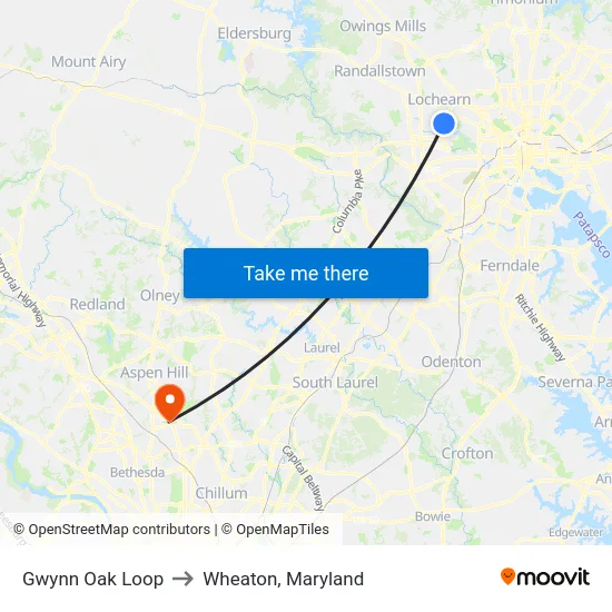 Gwynn Oak Loop to Wheaton, Maryland map