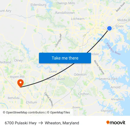 6700 Pulaski Hwy to Wheaton, Maryland map