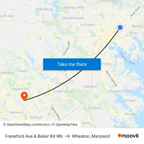 Frankford Ave & Belair Rd Wb to Wheaton, Maryland map