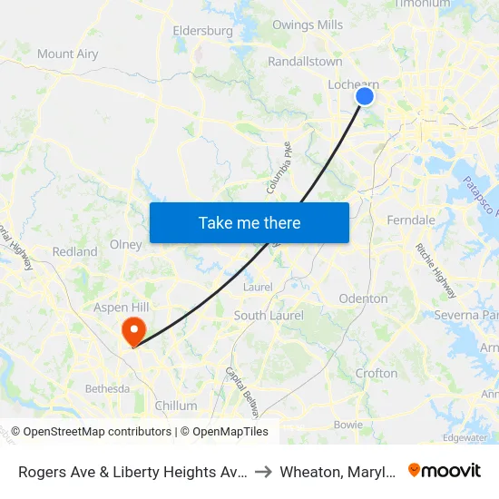 Rogers Ave & Liberty Heights Ave Sb to Wheaton, Maryland map