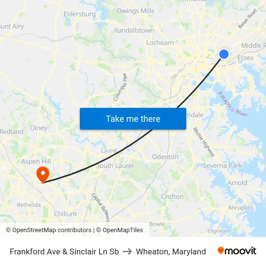Frankford Ave & Sinclair Ln Sb to Wheaton, Maryland map