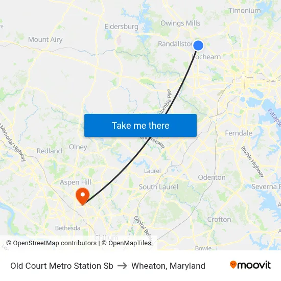 Old Court Metro Station Sb to Wheaton, Maryland map