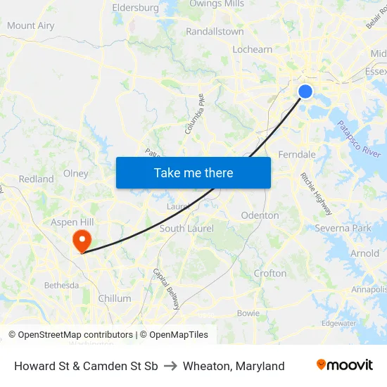 Howard St & Camden St Sb to Wheaton, Maryland map